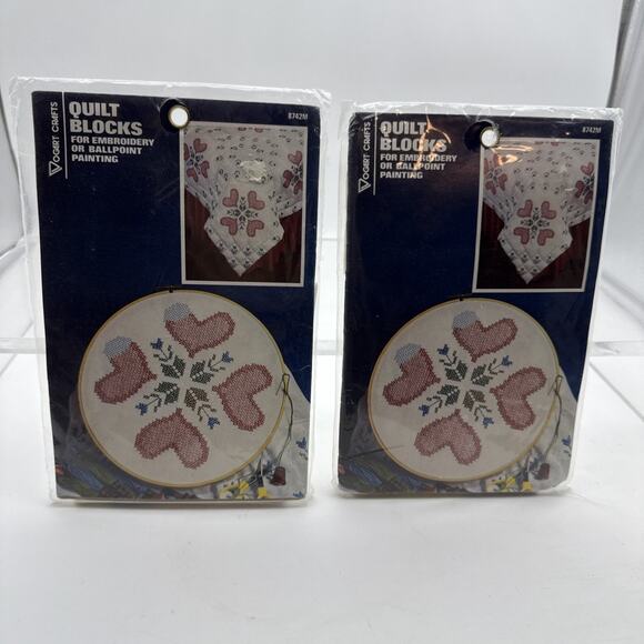 2 Vogart Stamped Quilt Blocks #8742M Embroidery or Painting 18X18 Country Heart - Picture 1 of 4